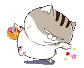 a cartoon cat is holding a basket of flowers and flowers are flying around it .