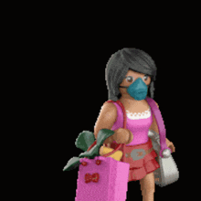 a playmobil girl wearing a mask and carrying shopping bags with the words ok bye everyone above her