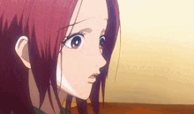 a close up of a red haired anime girl 's face with a surprised look on her face .