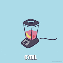 a blender with a banana and strawberries in it and the word cybil written on the bottom