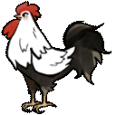 a cartoon rooster with a red crest is standing on its hind legs .