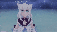 a cat girl with white hair and blue eyes is standing in front of a starry sky