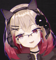 a close up of a girl wearing headphones and a flower in her hair