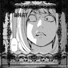 a black and white drawing of a woman 's face with the word what written on it