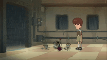 a cartoon of a boy standing in a room with a bunch of robots on the floor