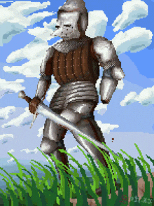 a pixel art painting of a knight with a sword