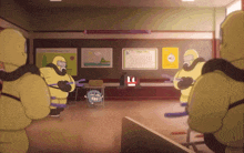 a group of cartoon characters in yellow suits are in a classroom