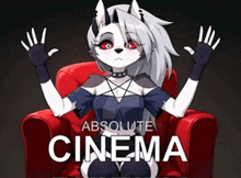 a cartoon character is sitting in a red chair with the words absolute cinema below her