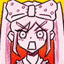 a cartoon girl with a bow on her head is making a surprised face .