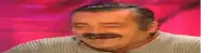 a man with a mustache is laughing with his eyes closed and his mouth open .
