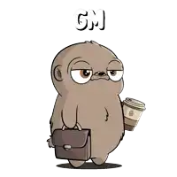 a cartoon of a sloth holding a cup of coffee
