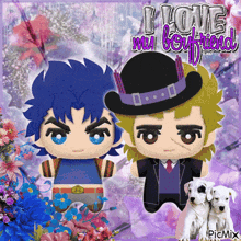 a couple of stuffed cartoon characters with the words i love my boyfriend