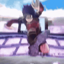 a cartoon character is jumping in the air while holding a sword in his hand .