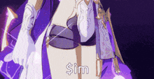 a woman in a purple dress is holding a bow and arrow and the word sim is on the bottom