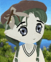 a drawing of a girl wearing a beret and a sweater with a cross on it