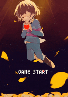 a drawing of a girl holding a heart with the words game start below her