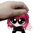 a hand is petting a cartoon character with pink hair .