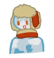 a cartoon drawing of a person wearing a fur hat and scarf