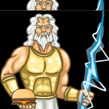 a cartoon illustration of zeus holding a hamburger and a lightning bolt