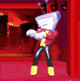 a cartoon character with a tv head is standing in front of a fire