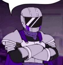 a cartoon character wearing a white helmet and a purple cape with his arms crossed