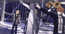 a group of anime characters are standing on a stage with their arms outstretched