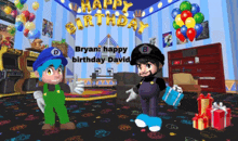 two cartoon characters are standing in a room with balloons and a banner that says happy birthday