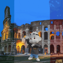 a cartoon character stands in front of the colosseum with the word zhou on the bottom