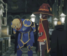 a man in armor and a woman in a witch hat are standing in a hallway