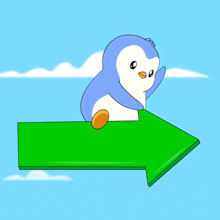 a blue and white penguin sitting on a green arrow pointing to the right