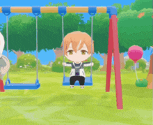 a chibi boy is sitting on a swing in a park .