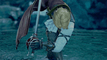 a person in a video game holding a sword in the water