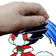 a hand is holding a cartoon character 's head with a blue fork .
