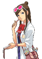 a cartoon of a girl with a name tag that says ' a. ' on it