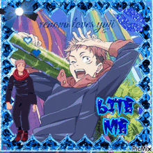 a picture of a man holding a bamboo stick with the words " remember loves yuji " written on it