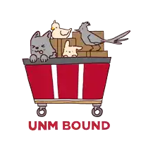 a cartoon of a dog a bird and a rabbit in a dumpster that says " unm bound " on the bottom