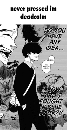 a man is standing in front of a group of people with the words never pressed im deadcalm above him