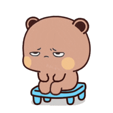 a cartoon bear is sitting on a blue stool and making a sad face .