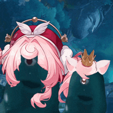 a cartoon character with pink hair and a gold crown on her head