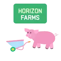 a horizon farms logo with a pig and wheelbarrow