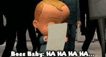 a cartoon of a baby holding a piece of paper with the caption boss baby