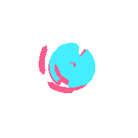 a drawing of a blue and pink cat with circles in its eyes