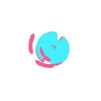 a drawing of a blue and pink cat with circles in its eyes