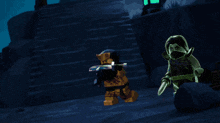 a ninjago character is holding a sword in front of a lightning storm