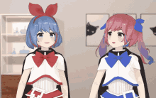 two anime girls are standing next to each other and one has a bow on her head