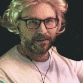 a man wearing glasses and a blonde wig is talking into a microphone