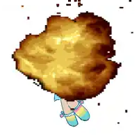 a pixel art drawing of a girl with rainbow socks standing next to a large piece of food