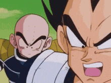 a close up of a cartoon character with a bald head standing next to another cartoon character .
