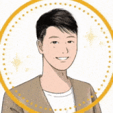 a cartoon drawing of a man in a brown jacket and white shirt smiling .
