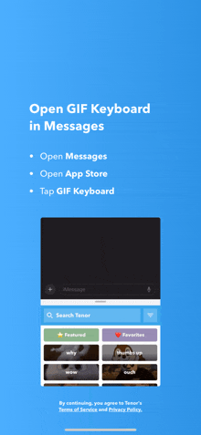 a screenshot of an app that says open gif keyboard in messages open messages open app store tap gif keyboard